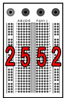 Figura 43: protoboard - divisão por matrizes A matriz 2 geralmente é reservada para ligação dos pinos de alimentação +5 V e GND, e a matriz 5 utilizada para conectar componentes do