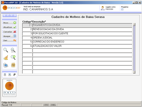 5.1 Cadastro de Motivos de Baixa Apresenta os motivos de baixas de anotações realizadas na base de dados do PEFIN. 6.