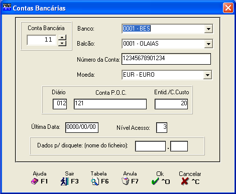 2.2.5.1- CONTAS BANCÁRIAS Ao pressionar o Botão ou a Tecla de Função <F2 Altera> ou a Tecla <ENTER>, terá acesso ao ecrã seguinte: CÓDIGO Campo com 6 dígitos para uma codificação interna dos Bancos.