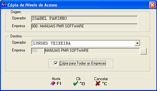 1.1- NÍVEIS DE ACESSO Com o Botão ou a Tecla de Função <F2 Altera> acede a este ecrã: Onde vai poder seleccionar as Empresas a que cada Operador tem Acesso.