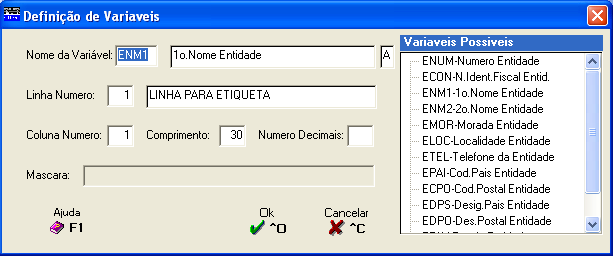 2.1.3- DADOS FIXOS Neste ecrã pode definir todos os Dados Fixos da Etiqueta de Entidade. LINHA NÚMERO Para definir o Número da Linha onde pretende que seja impresso o Texto Fixo.