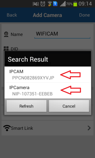 Clique em Search e o aplicativo ira buscar em sua rede todas as câmeras IP Robot que estejam conectadas na mesma rede por cabo LAN ou por WIFI.