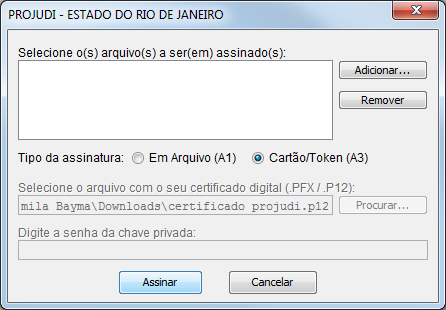 O sistema irá exibir a tela abaixo, clique no botão Adicionar.para selecionar os arquivos que deseja anexar. Após selecionar os arquivos, clique no botão Assinar.