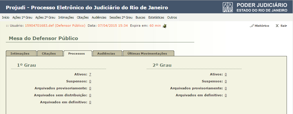 4.1.6 Botão Voltar Clique no botão Voltar. Neste caso, a intimação que estava na fila Aguardando ciência, passará para Aguardando Cumprimento.