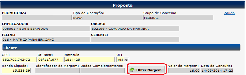 - Inserir o CPF e a matrícula do servidor e clicar em obter margem (campos em