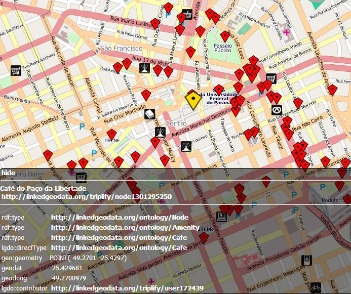 DADOS GEOESPACIAIS EM FORMATO DE DADOS INTERLIGADOS LinkedGeoData (Open Street Map) Dados: 1 bilhão de nós (dados pontuais);