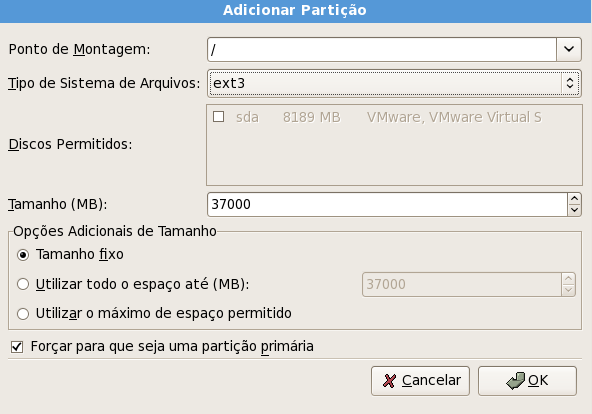 Agora vamos criar a segunda partição. Importante: A partição raiz (/), que será criada a seguir, deverá ter o tamanho menor do que a partição backup que será a terceira partição a ser criada.