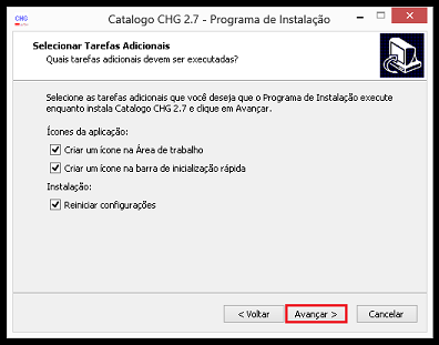 Na tela de tarefas adicionais, o instalador exibirá as opções para Criar um Ícone na Área de Trabalho e na Barra de Inicialização Rápida