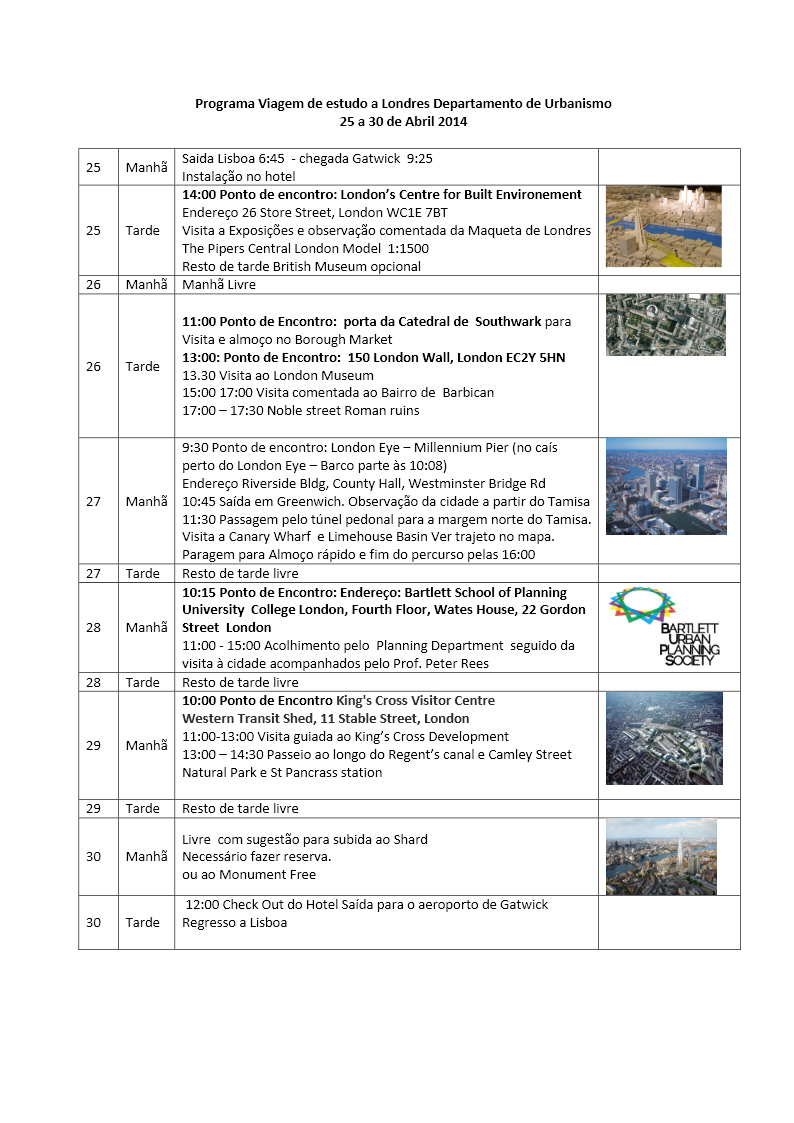 Figura 09 Programa detalhado Visita a Londres 25 a 39 de abril 2014 Comissão organizadora (Professor Mário