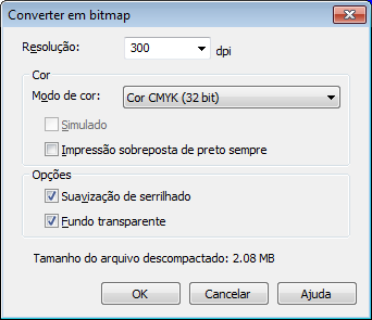 Lembre-se de utilizar a opção Modo de cor com "cor CMYK". É importante também configurar a resolução para 300dpis no mínimo.