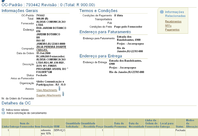 Na tabela Termos e Condições, estão listadas as condições de pagamento e de entrega ou frete. Em Endereço para Faturamento, os dados para faturamento da OC.