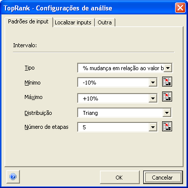 Guia Padrões de input Comando Configurações de análise Define as mudanças padrão aplicadas automaticamente aos inputs do TopRank.