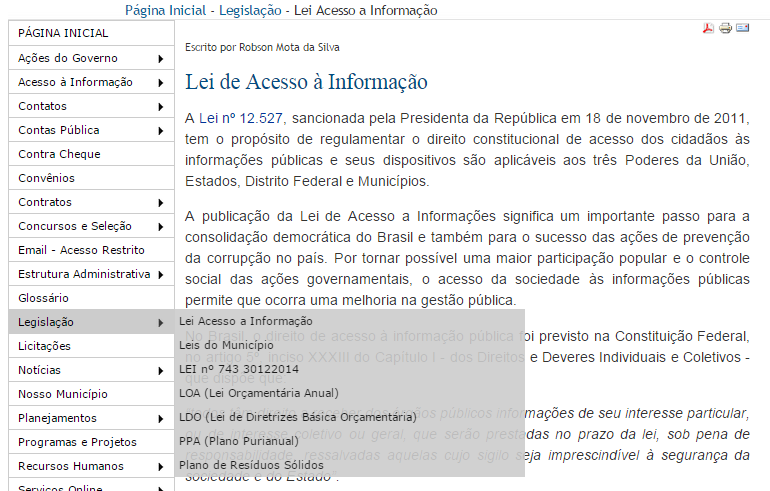 Glossário. É onde o cidadão poderá tirar suas dúvidas, referente aos significados das palavra e termos técnicos. Legislação.