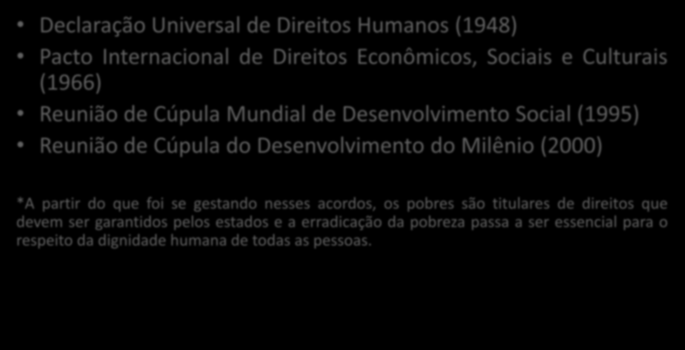 Diferentes acordos e compromissos internacionais : Declaração Universal de Direitos Humanos (1948) Pacto Internacional de Direitos Econômicos, Sociais e Culturais (1966) Reunião de Cúpula Mundial de