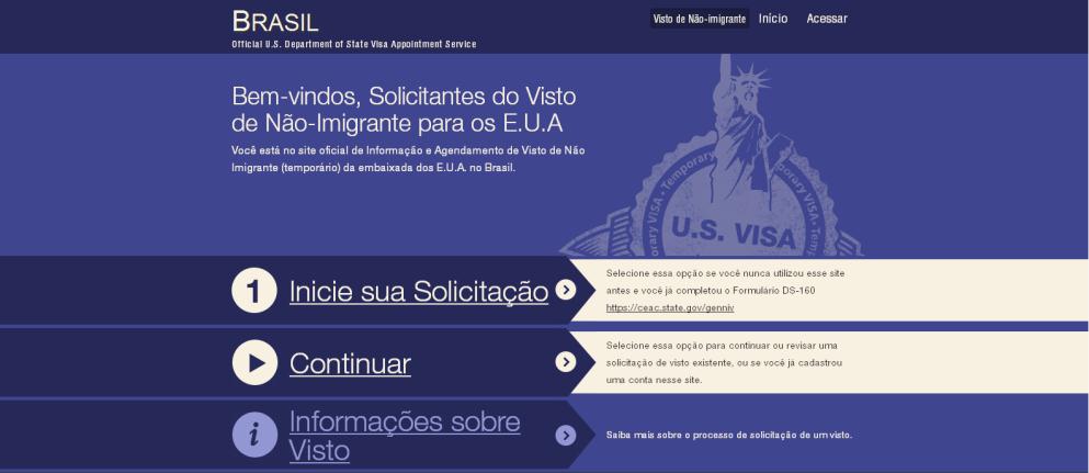 início no processo através do site da Embaixada para o preenchimento do Formulário Online DS-160 e pagamento da taxa de requerimento de Visto MRV.