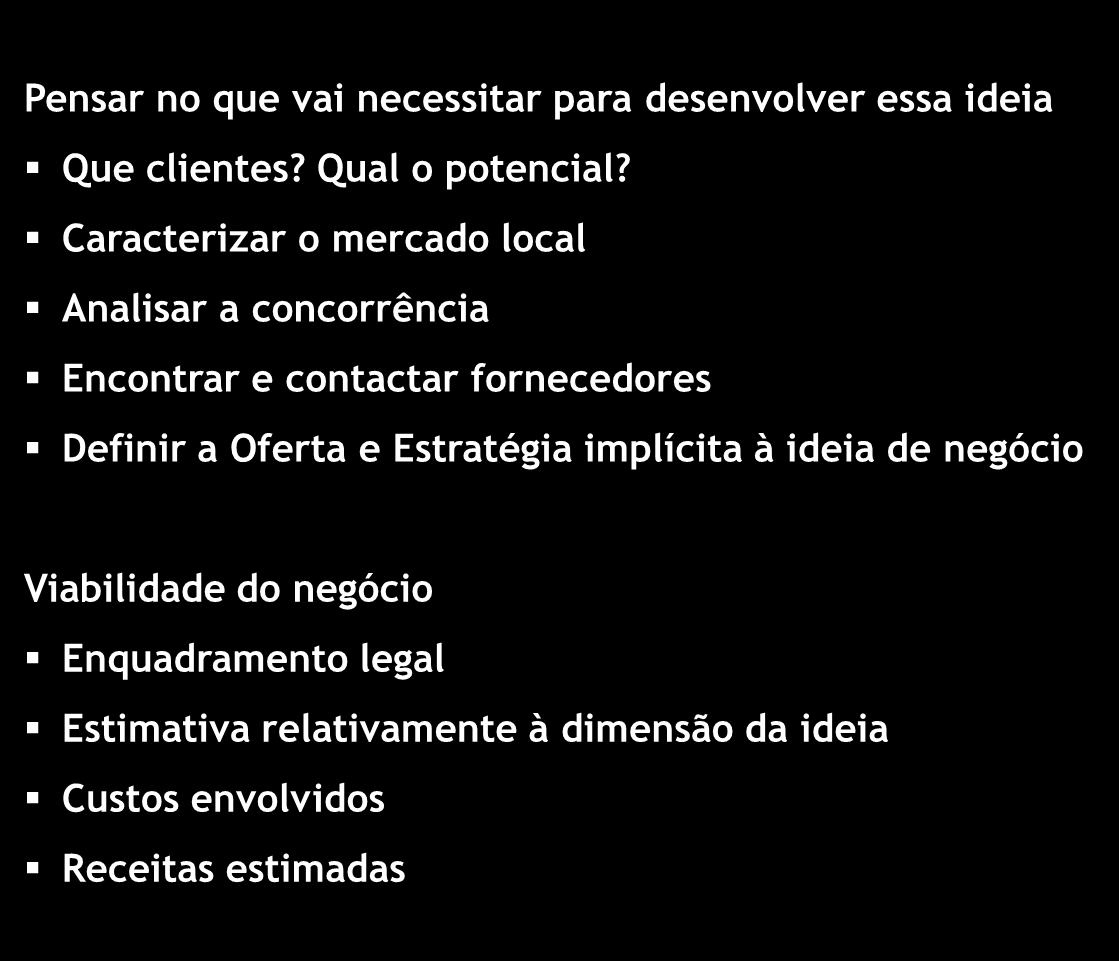 Empreendedorismo Dar Rumo à Vida Concretização da Ideia Pensar no que vai necessitar para desenvolver essa ideia Que clientes? Qual o potencial?