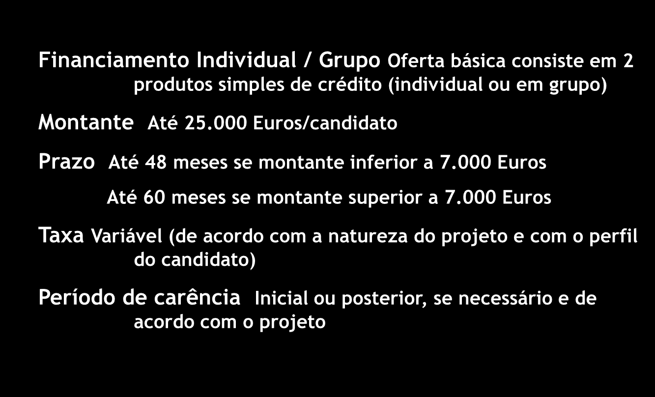 Empreendedorismo Dar Rumo à Vida Financiamento com base na ideia e viabilidade do negócio, assim como na confiança que depositamos no microempreendedor, proporcionando a concretização do negócio.