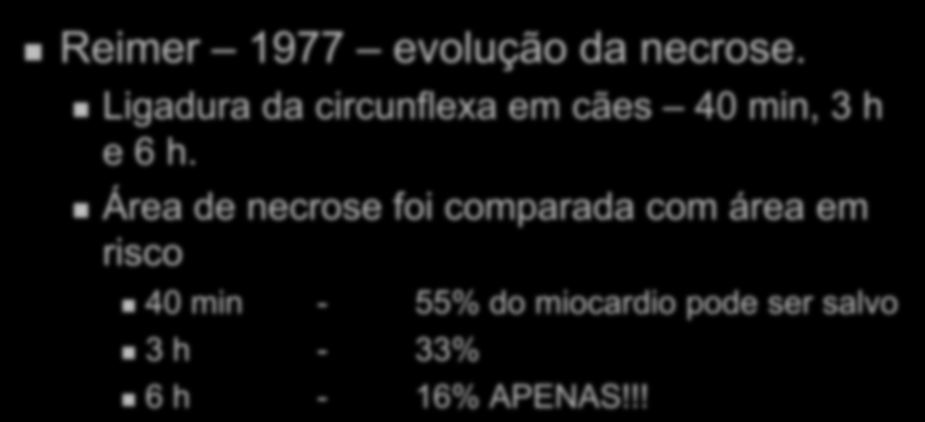 Tempo de Isquemia!! Reimer 1977 evolução da necrose. Ligadura da circunflexa em cães 40 min, 3 h e 6 h.