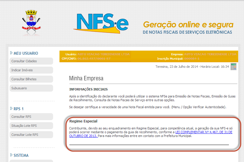 4. Emitindo uma nota em regime especial Depois de realizar login na NFSe, busque o menu Minha Empresa e clique sobre Selecionar Empresa.