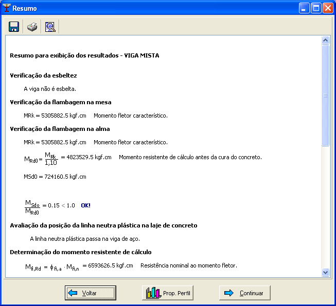 Após declarados todos os dados aciona-se o botão e então surgirá, novamente, a janela informando a contra-flecha calculada e a adotada. Clicando em CONTINUAR, o programa segue exibindo o resumo. 2.