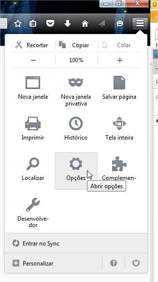 Navegador Mozilla Firefox: Clique no ícone de Menu (à direita) em seguida em Opções.