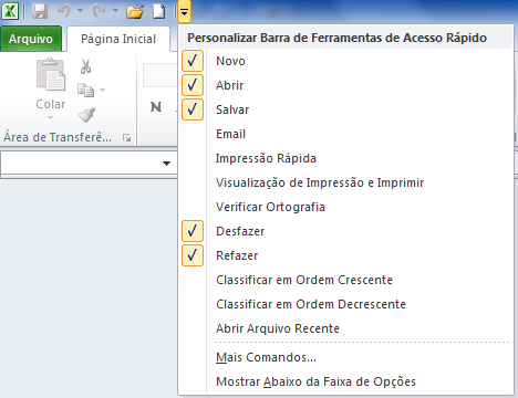 A versão 2010 trabalha com o conceito de Menus suspensos, exibindo cada menu de acordo com a Aba selecionada na Barra de Menus, mostrada abaixo.