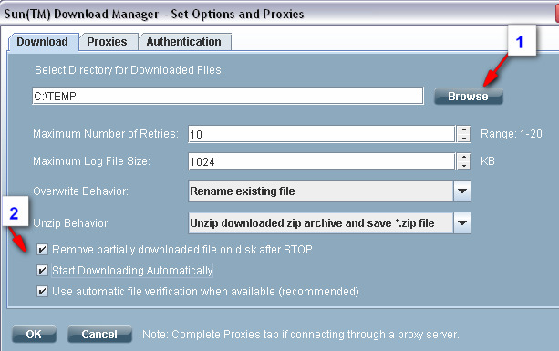 Download Manager selecionando a opção Browse (1) para indicar em que pasta você deseja armazenar o software JDK a ser baixado.