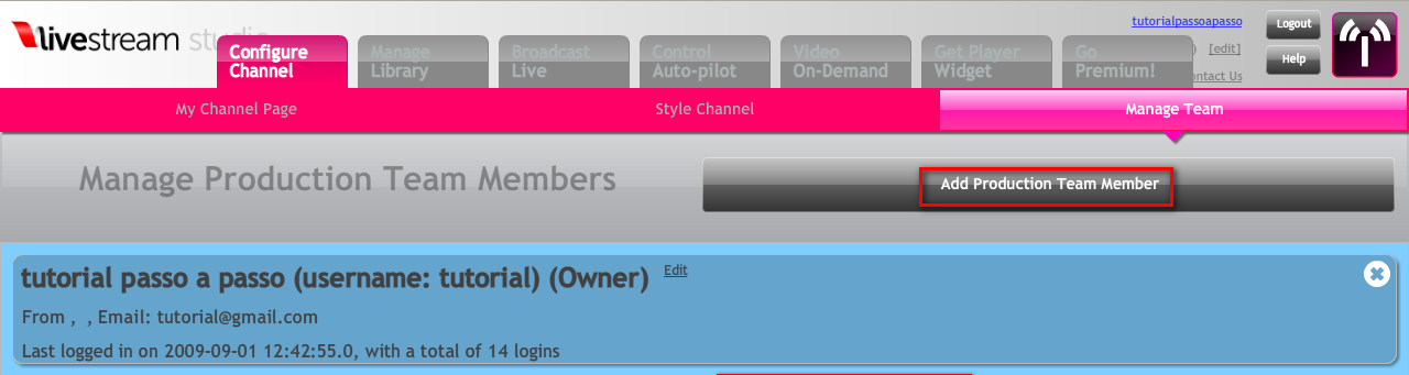 A opção Add Production Team Member permite adicionar outros usuários como colaboradores na administração de seu canal.