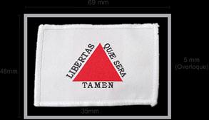 II - distintivo da bandeira do Estado de Minas Gerais: bordado em baixo relevo, em tecido de nylon na cor branca, tipo etiqueta, costurado na manga direita das mesmas peças de fardamento descritas