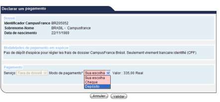 1. Na página inicial de seu Espaço Campus France, clique em Meu dossiê. 2. Em seguida, clique sobre o quadro Declaração do meu pagamento da taxa 3.