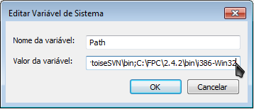 Na janela que se abrir localize a variável Path em Variáveis do Sistema: Clique no botão Editar e inclua o endereço dos binários FPC no final da linha separado por ponto e virgula(;), no meu