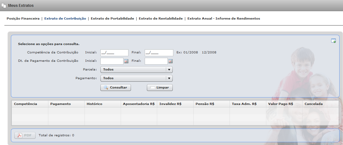 Figura 21 Extrato de Contribuição Informações referentes a todas as contribuições já realizadas pelo Participante poderão ser acessadas neste submenu.