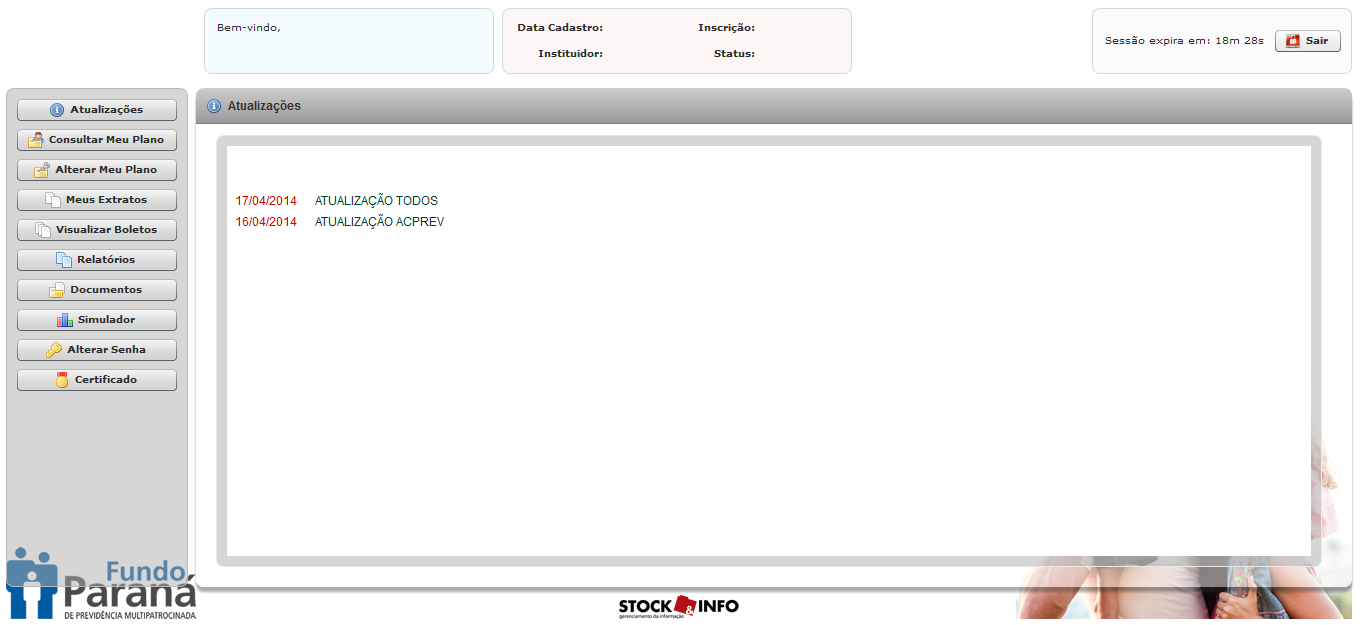 Painel do Participante Sessão Menu Lateral Atualizações Figura 8 Sendo que: Sessão Está posicionada na parte superior direita da tela.