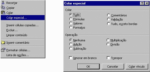 seleciona-se a célula de destino e, com o botão direito do mouse, opta-se pelo comando Colar especial. No quadro que aparece, é possível determinar o conteúdo a ser colado.