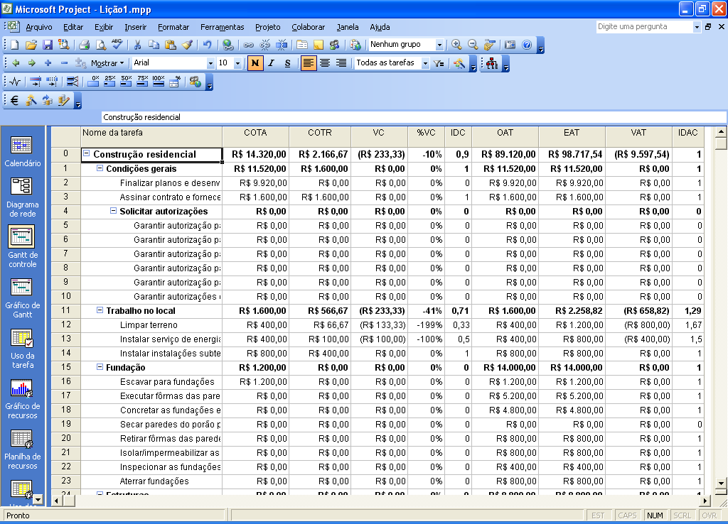 231 2 No quadro Mais Tabelas, selecione a tabela Indicadores de Custo de Valor Acumulado e pressione Aplicar.