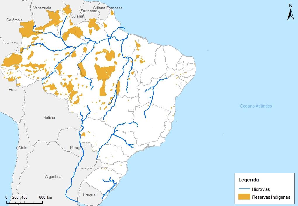 Figura 9 - Terras indígenas do Brasil Previamente, analisou-se a existência de instalações portuárias nas microrregiões lindeiras às hidrovias do PNIH.