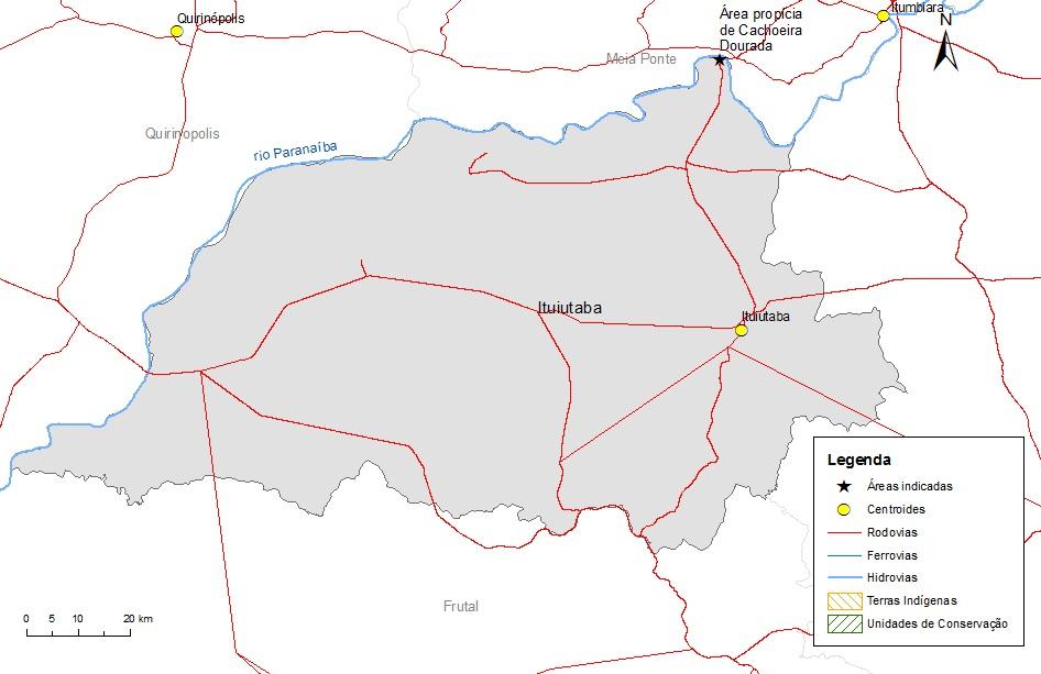 Figura 11 - Área indicada para a microrregião de Ituiutaba - MG Observa-se que nesta microrregião não existe acesso ferroviário e não há restrições quanto a terras indígenas ou unidades de