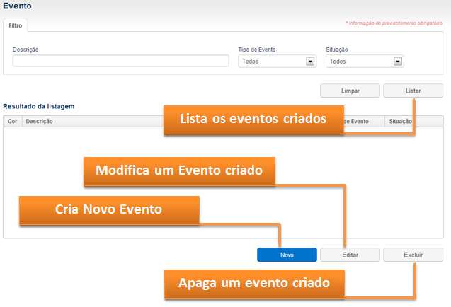 Listando e Criando novos Eventos. Os eventos cadastrados serão utilizados durante a criação do calendário.