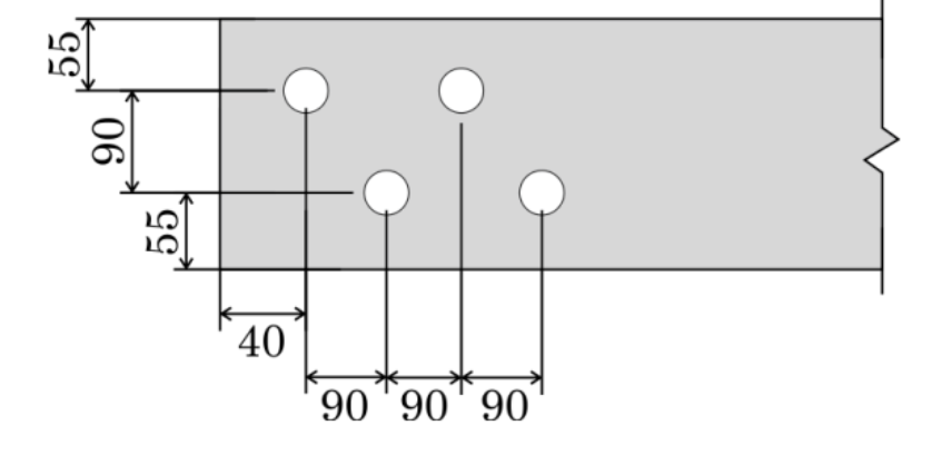 16) Verifique se a barra resiste à força indicada. Dados: - Aço A36, barra chata com espessura 8,0mm. - Ligação da barra ao elemento adjacente através de parafusos com 10,0mm, furo padrão.