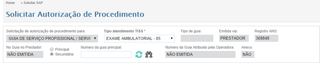 7 A primeira seleção que você deve fazer na geração de autorização SP/SADT é selecionar entre Principal ou Secundária. No local indicado pela seta vermelha na figura acima.