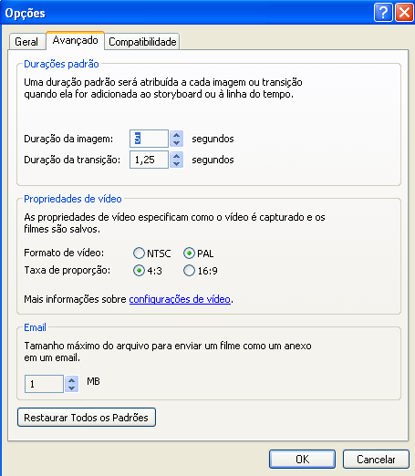 Avançado: Durações Padrão: Aqui você configura a duração padrão de uma foto/imagem adicionada ao vídeo e também pode configurar o tempo que deve ter uma transição como padrão.