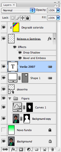 Painel Layers / Camadas Trabalhar com Layers em Photoshop Existem cinco tipos de layers / camadas, que podem estar listados neste painel: - de imagem, contendo pixéis - de texto, com texto editável -