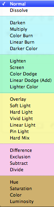 Modos de Mistura de Cores (Blending Modes) Os modos de mistura de cor estão disponíveis no topo do painel Layers / Camadas (quando existe uma camada seleccionada) e também na barra de opções das