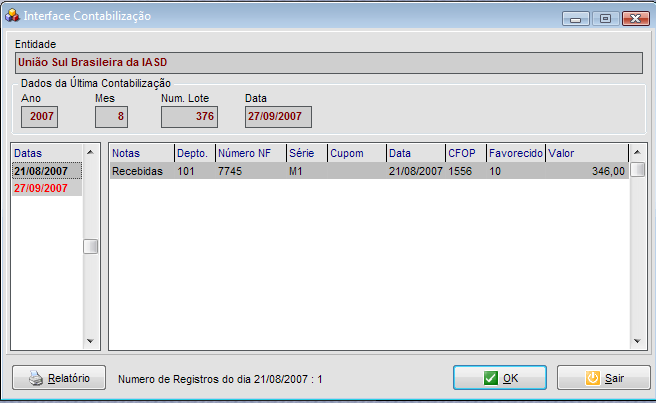 Contabilização A contabilização dos débitos na conta corrente dos funcionários ou dos departamentos são feitos por este interface.