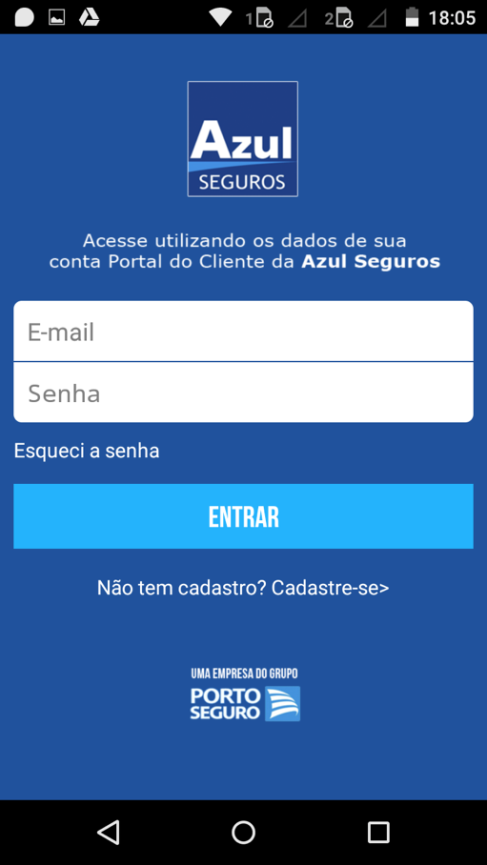 Na tela inicial do aplicativo, o cliente efetuará o login do Portal do Cliente.