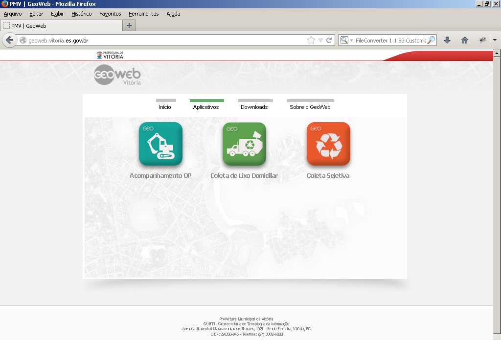 2.2. Aplicativos Na página inicial ao clicar no ícone Aplicativos o usuário terá acesso aos aplicativos de geoprocessamento do município de Vitória.