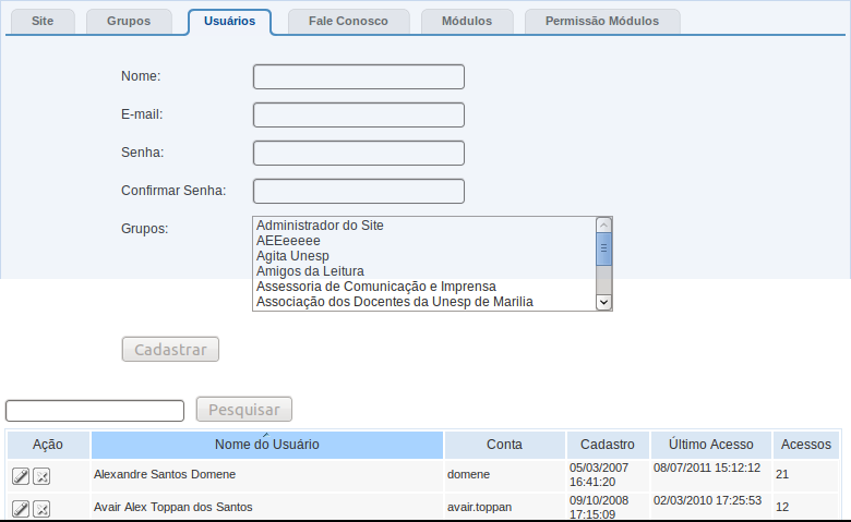 Configurações e Administração (Administradores) Usuários: cadastro e gerenciamento de usuários do SGCD.