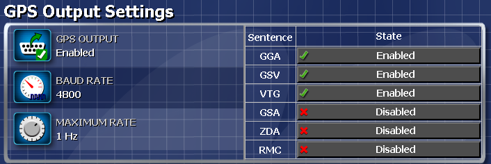 Configurações da saída do GPS - Estado da sentença Siga as instruções abaixo para configurar o estado das sentenças. Os estados das sentenças são normalmente desabilitados por padrão. 1.