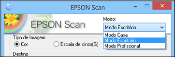 Como selecionar o modo de digitalização Selecione o modo do Epson Scan que deseja usar na caixa Modo, no canto superior direito da janela do Epson Scan: Tema principal: Seleção de configurações do