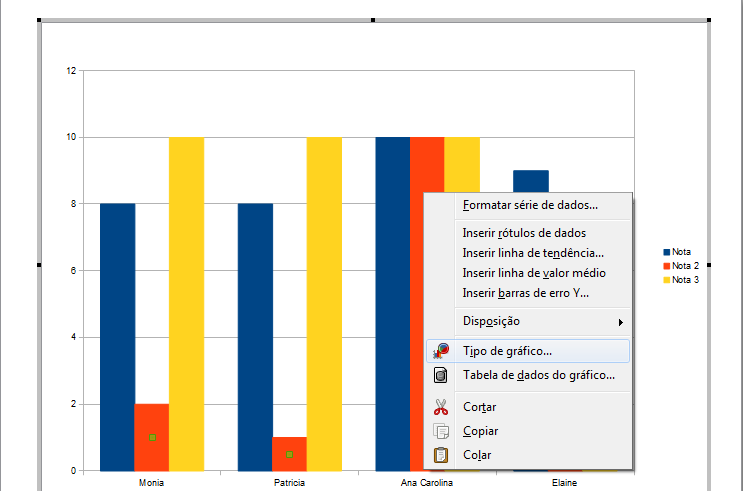 Alterando o tipo do gráfico Clique com o botão